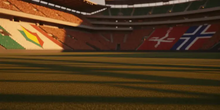 Floodlit stadium at golden hour showing packed stands with Côte d'Ivoire and Norway flag colours, empty pitch with dramatic shadows.