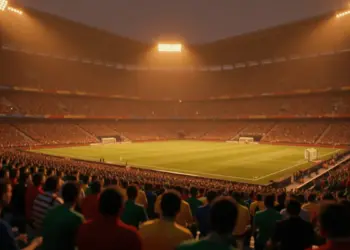 Floodlit stadium at golden hour with packed stands and dramatic shadows, red and gold-green colour tones.
