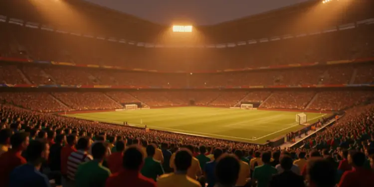 Floodlit stadium at golden hour with packed stands and dramatic shadows, red and gold-green colour tones.