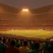 Floodlit stadium at golden hour with packed stands and dramatic shadows, red and gold-green colour tones.