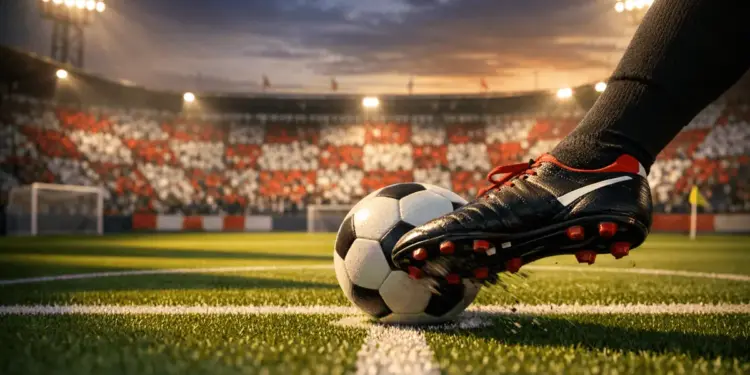 Floodlit stadium with red-and-white checkerboard stand sections, football boot striking ball on centre pitch under evening lights.