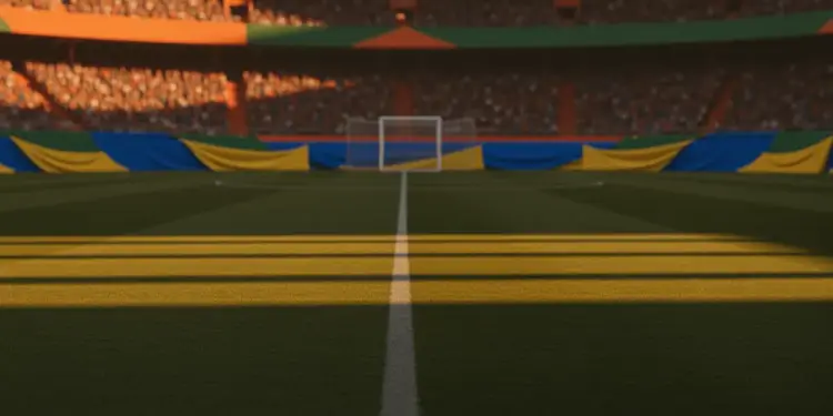 Floodlit stadium pitch at golden hour with blue, yellow, orange and green colour accents reflecting competing nations.