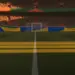Floodlit stadium pitch at golden hour with blue, yellow, orange and green colour accents reflecting competing nations.