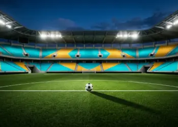 Floodlit stadium with cyan and gold stand sections, football on centre pitch under dramatic evening light.