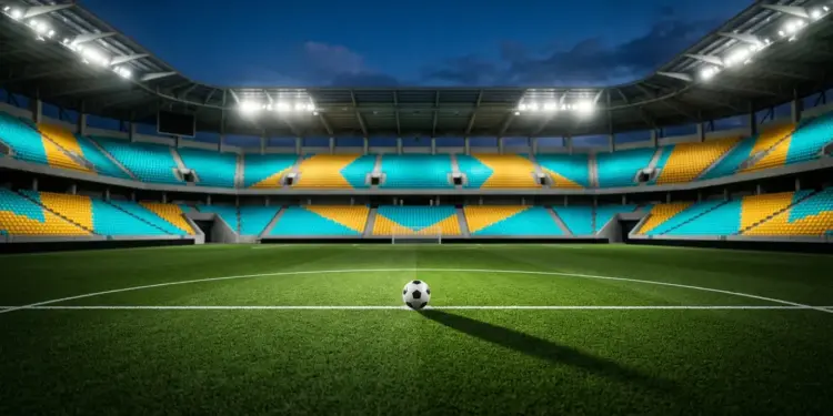 Floodlit stadium with cyan and gold stand sections, football on centre pitch under dramatic evening light.