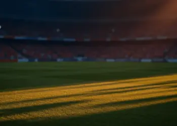 Floodlit World Cup stadium pitch at sunset with Czech and Mexican national colours in atmospheric lighting