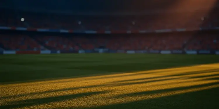 Floodlit World Cup stadium pitch at sunset with Czech and Mexican national colours in atmospheric lighting