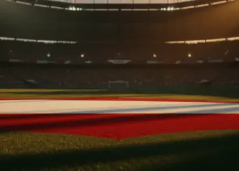 Floodlit football stadium at golden hour with dramatic shadows on empty pitch, no players visible.