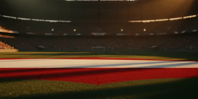 Floodlit football stadium at golden hour with dramatic shadows on empty pitch, no players visible.