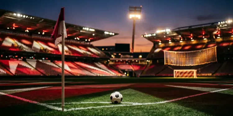 Floodlit stadium pitch at dusk with crimson and white lighting, corner flag visible, football on centre spot, empty stands in background.