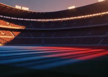 Floodlit stadium at golden hour with dramatic shadows, packed stands, and national colours in atmospheric lighting.