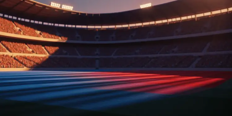 Floodlit stadium at golden hour with dramatic shadows, packed stands, and national colours in atmospheric lighting.