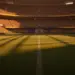 Floodlit stadium pitch at dusk with Ecuador's blue and yellow national colours in lighting, packed stands in background, geometric shadow patterns.