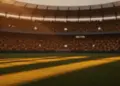 Floodlit stadium pitch at golden hour with packed stands casting dramatic shadows, no players visible.