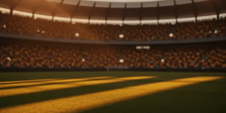 Floodlit stadium pitch at golden hour with packed stands casting dramatic shadows, no players visible.