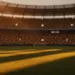 Floodlit stadium pitch at golden hour with packed stands casting dramatic shadows, no players visible.