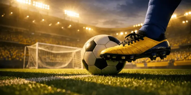 Floodlit football pitch at dusk with ball in motion, Ecuador national colours in stadium lighting and shadow patterns.