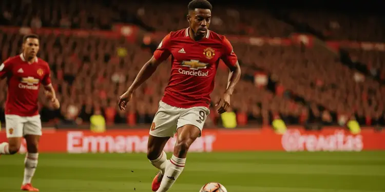 Brazilian midfielder driving forward with ball in Manchester United kit at packed Premier League stadium