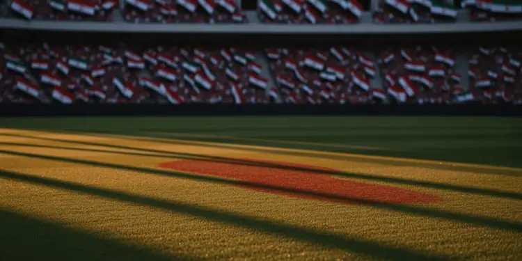 Empty floodlit stadium pitch at golden hour with dramatic shadows, packed stands in soft focus, Egyptian and Iranian flag colours visible.