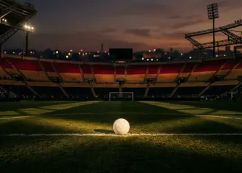 Floodlit football pitch at dusk with crimson and gold lighting, ball on centre spot, empty stadium stands.
