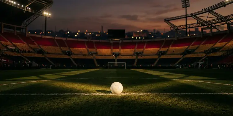 Floodlit football pitch at dusk with crimson and gold lighting, ball on centre spot, empty stadium stands.