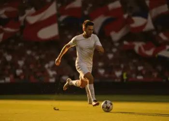 Football player in white kit striking ball at evening international match with flag-coloured stands in background.