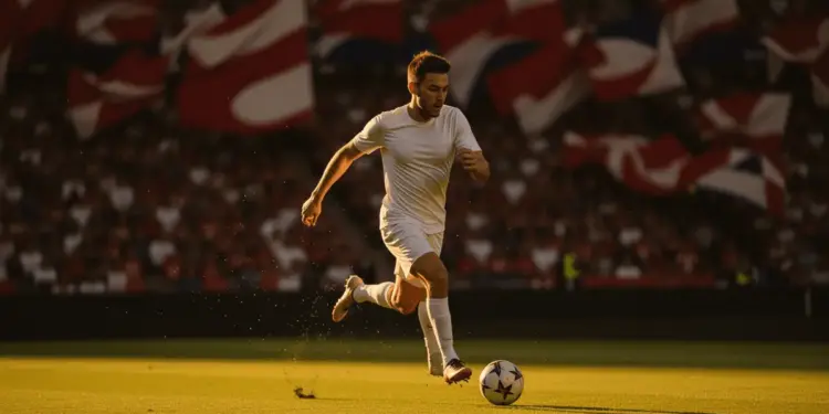 Football player in white kit striking ball at evening international match with flag-coloured stands in background.