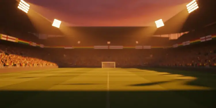 Floodlit stadium with packed stands at sunset, dramatic shadows on pitch, English and Ghanaian colour palette lighting.