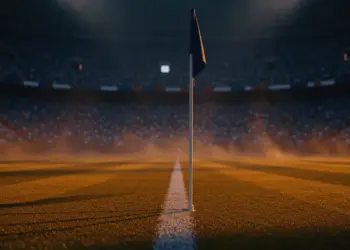 Empty floodlit stadium pitch at dusk with national flag colours in stands, shallow depth of field, dramatic lighting.