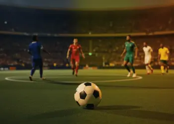 Floodlit pitch at dusk with players in unmarked kits, blue-gold and green-yellow-red coloured stadium lighting, football in foreground, shallow depth of field.