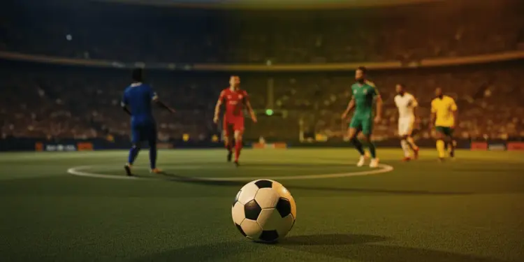 Floodlit pitch at dusk with players in unmarked kits, blue-gold and green-yellow-red coloured stadium lighting, football in foreground, shallow depth of field.