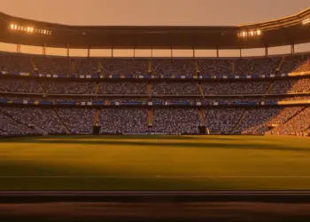 Floodlit stadium at dusk with blue and white spectators, dramatic shadows, golden-hour lighting, 16:9 landscape.