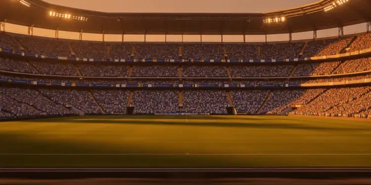 Floodlit stadium at dusk with blue and white spectators, dramatic shadows, golden-hour lighting, 16:9 landscape.