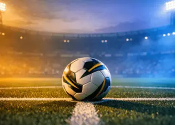 Match ball on centre spot of floodlit pitch at dusk, geometric shadows, stadium lighting, cool-blue and warm-gold atmospheric haze.