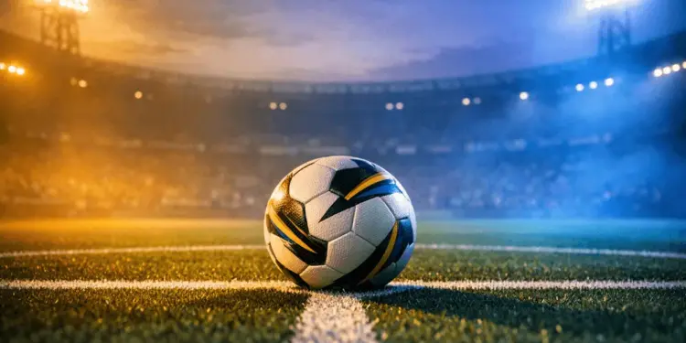 Match ball on centre spot of floodlit pitch at dusk, geometric shadows, stadium lighting, cool-blue and warm-gold atmospheric haze.