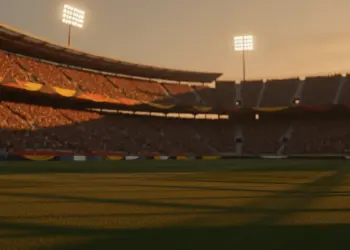 Floodlit stadium at golden hour with packed stands, dramatic shadows, and empty pitch ready for match.