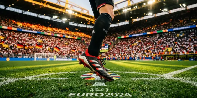Floodlit stadium with German-coloured crowd and football in motion under golden-hour light.