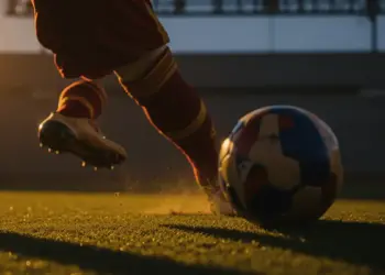 Football boot striking ball in mid-air on floodlit pitch with evening golden light and dramatic shadow patterns.