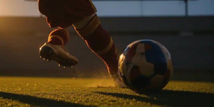 Football boot striking ball in mid-air on floodlit pitch with evening golden light and dramatic shadow patterns.