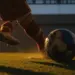 Football boot striking ball in mid-air on floodlit pitch with evening golden light and dramatic shadow patterns.