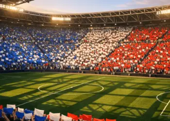 Stadium section with fans and flags in group colours, illuminated pitch with crowd anticipation.