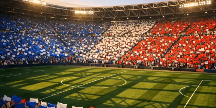 Stadium section with fans and flags in group colours, illuminated pitch with crowd anticipation.
