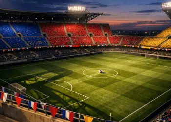 Floodlit stadium stands in multi-national flag colours with marked pitch and match ball on centre spot at dusk.