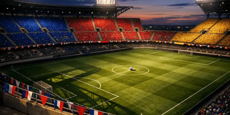Floodlit stadium stands in multi-national flag colours with marked pitch and match ball on centre spot at dusk.