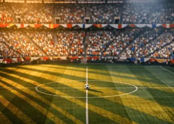 Overhead stadium view during evening kickoff: floodlit pitch, mixed-nation crowd colours, match ball on halfway line, dramatic shadows.