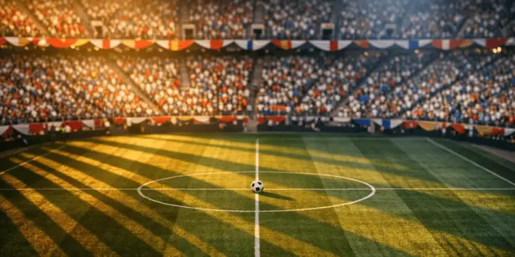 Overhead stadium view during evening kickoff: floodlit pitch, mixed-nation crowd colours, match ball on halfway line, dramatic shadows.