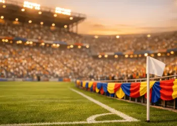 Floodlit stadium stands with flag-coloured bunting and packed crowd at sunset, pitch in foreground.