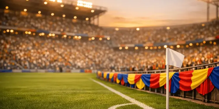 Floodlit stadium stands with flag-coloured bunting and packed crowd at sunset, pitch in foreground.