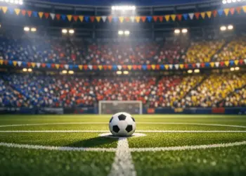 Floodlit stadium with Group K flag-coloured bunting, pitch markings, and match ball under spotlight at dusk.
