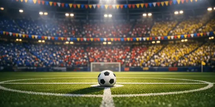 Floodlit stadium with Group K flag-coloured bunting, pitch markings, and match ball under spotlight at dusk.